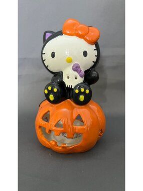 Hello Kitty Halloween Ceramic Tealight Holder Jack-O-Lantern Black Cat & Orange